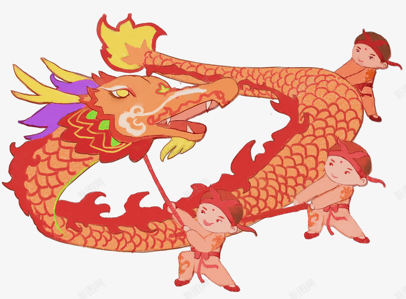 新春舞龙插画png免抠素材_新图网 https://ixintu.com 插画 新年 新春佳节 春节 舞龙 装饰图案 过年