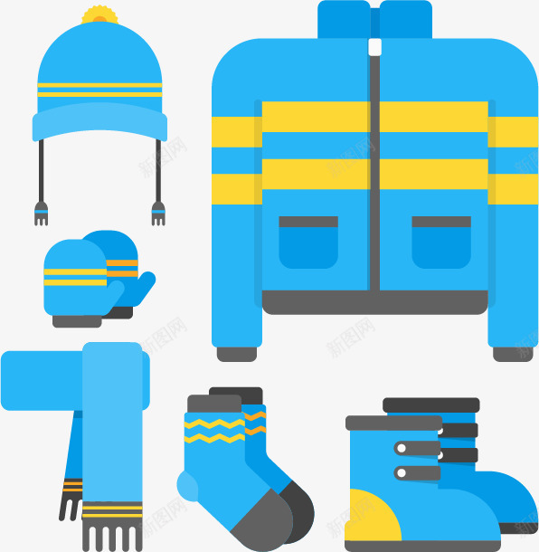 蓝色冬日装备矢量图ai免抠素材_新图网 https://ixintu.com 保暖服装 冬季服饰 围脖手套 棉衣 棉鞋 矢量图