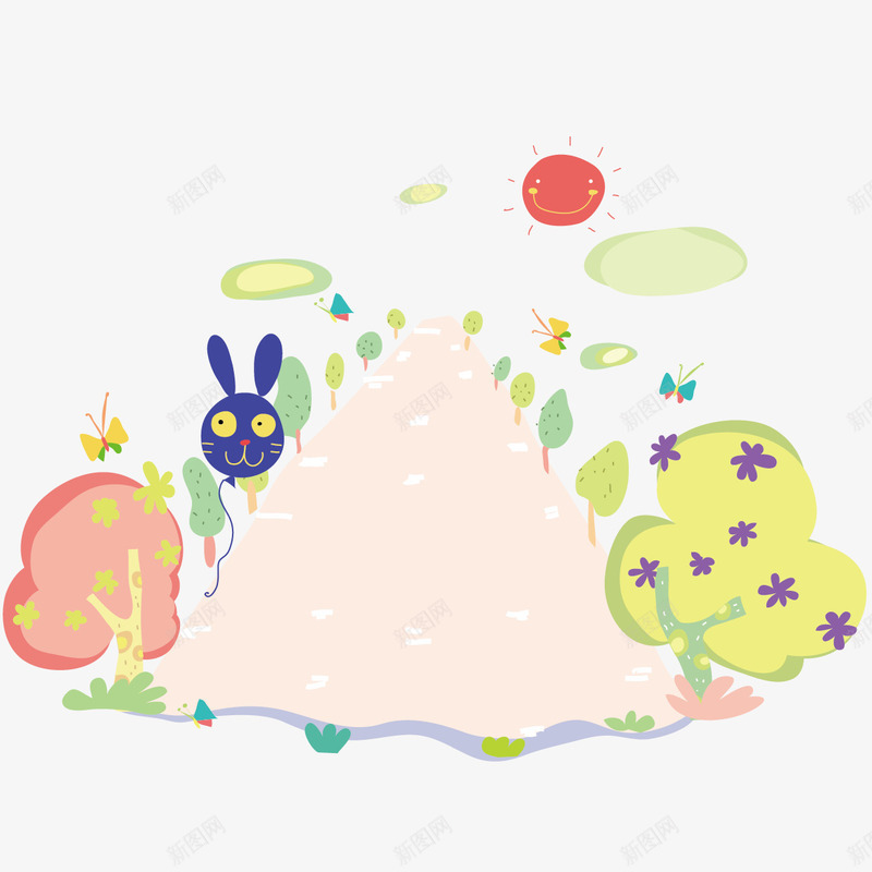 卡通路边风景png免抠素材_新图网 https://ixintu.com 太阳 小树 小草 小路 蝴蝶 道路
