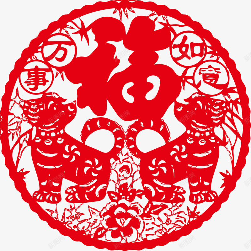 福字下的两只小狗剪纸png免抠素材_新图网 https://ixintu.com 2018 万事如意 两只小狗 剪纸 新年 春节 生肖狗 福字 窗花 红色 节日 装饰