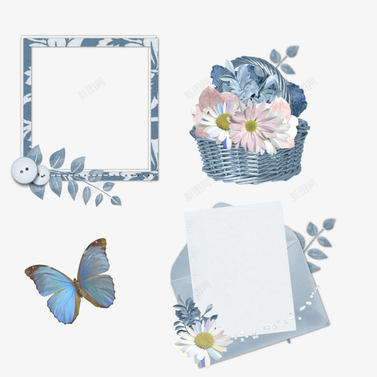 蓝色边框png免抠素材_新图网 https://ixintu.com 白色花 相框 蓝色信封 蓝色花篮子 蓝色蝴蝶结 蓝色边框 边框