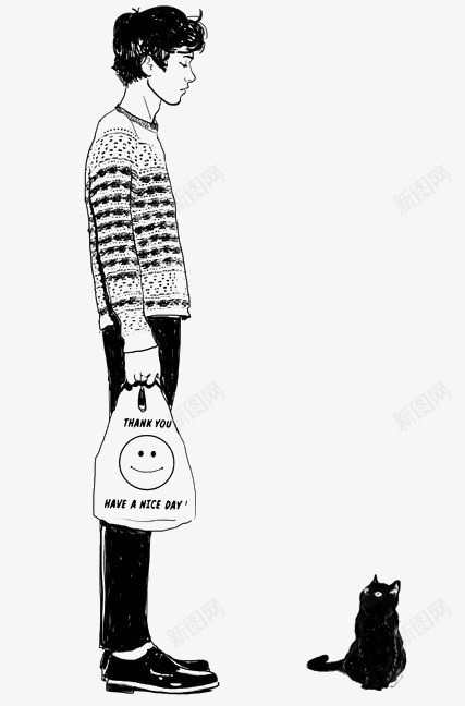 男人和黑猫png免抠素材_新图网 https://ixintu.com 卡通黑猫 提着购物袋的男人 暖男 温馨 男人