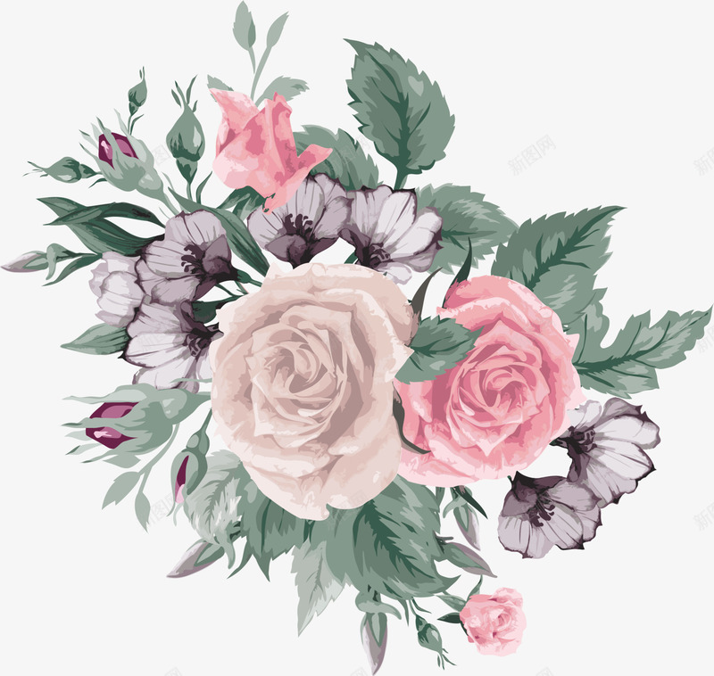 美丽多彩花朵装饰png免抠素材_新图网 https://ixintu.com 多彩花朵 文艺风 玫瑰花 绿色叶子 美丽花朵 花朵装饰