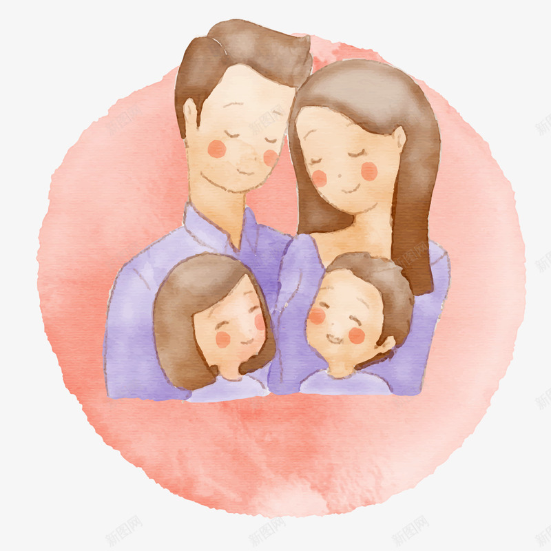 彩绘幸福四口之家png免抠素材_新图网 https://ixintu.com 一家人 儿女双全 卡通人物 四口之家 水彩绘人物 粉色圆形 背景装饰