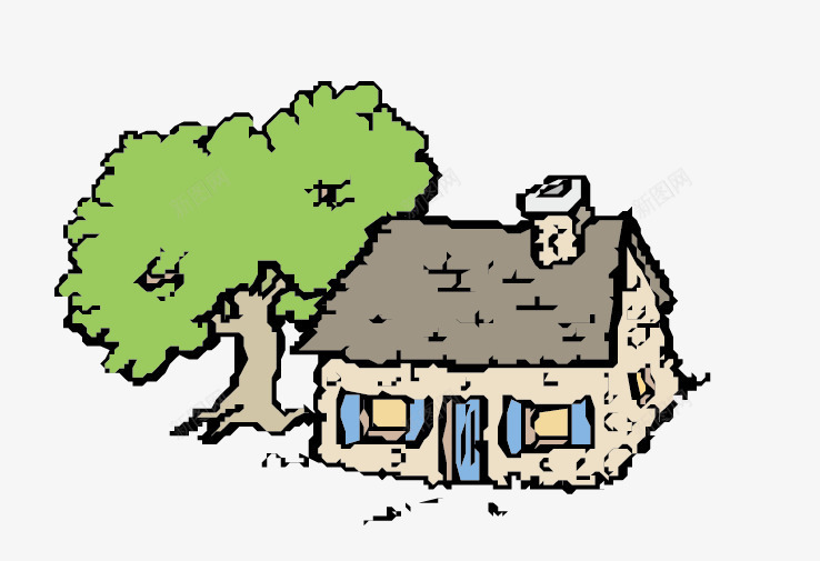 小屋png免抠素材_新图网 https://ixintu.com 大树 小屋 窗 门
