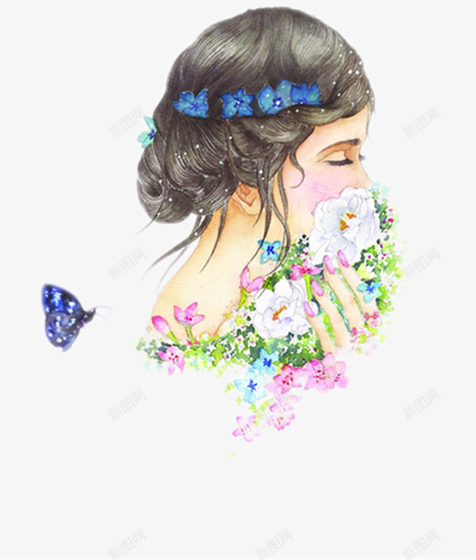 手绘美丽花朵蝴蝶新娘png免抠素材_新图网 https://ixintu.com 新娘 美丽 花朵 蝴蝶