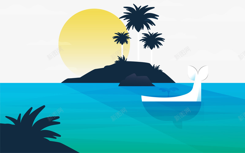 美丽的海岛风景png免抠素材_新图网 https://ixintu.com 海边黄昏 白鲸 矢量png 黄昏美景