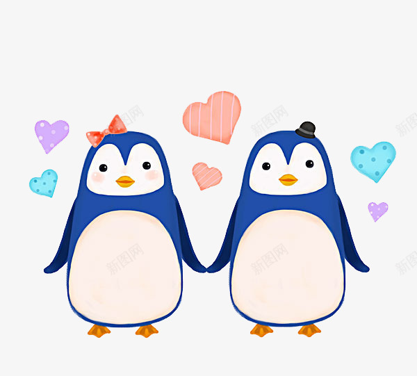 牵手企鹅png免抠素材_新图网 https://ixintu.com 两只 企鹅 卡通 可爱 手绘 牵手 简图 蓝色 黄色