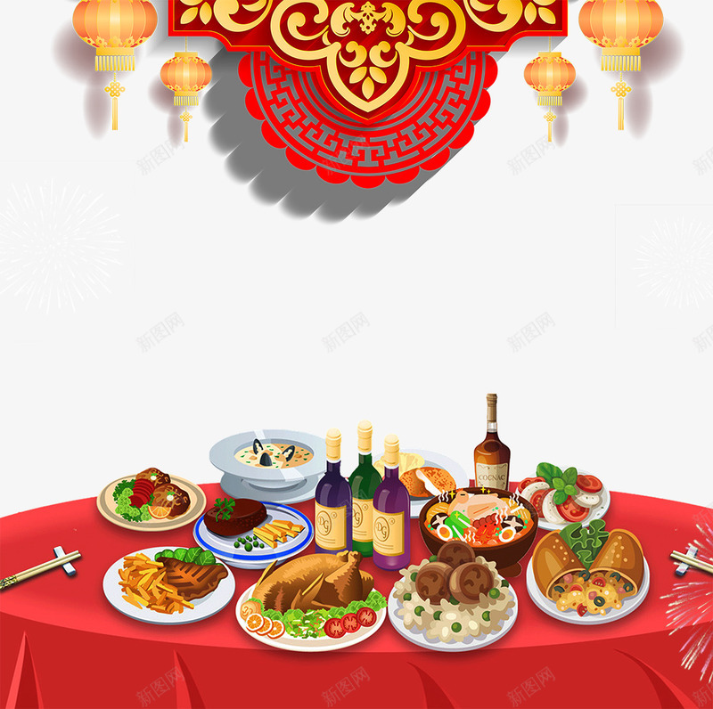 2019猪年丰盛年夜饭psd免抠素材_新图网 https://ixintu.com 中国结 年夜饭 灯笼 烟花 猪 红色创意 除夕夜