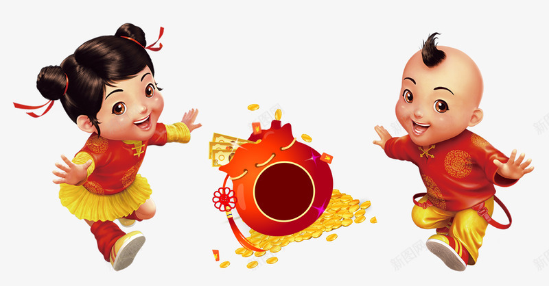春节喜庆人物psd图png免抠素材_新图网 https://ixintu.com 喜庆人物 喜迎新年 恭贺新年 春节 欢度春节 欢快卡通儿童 福袋 金币
