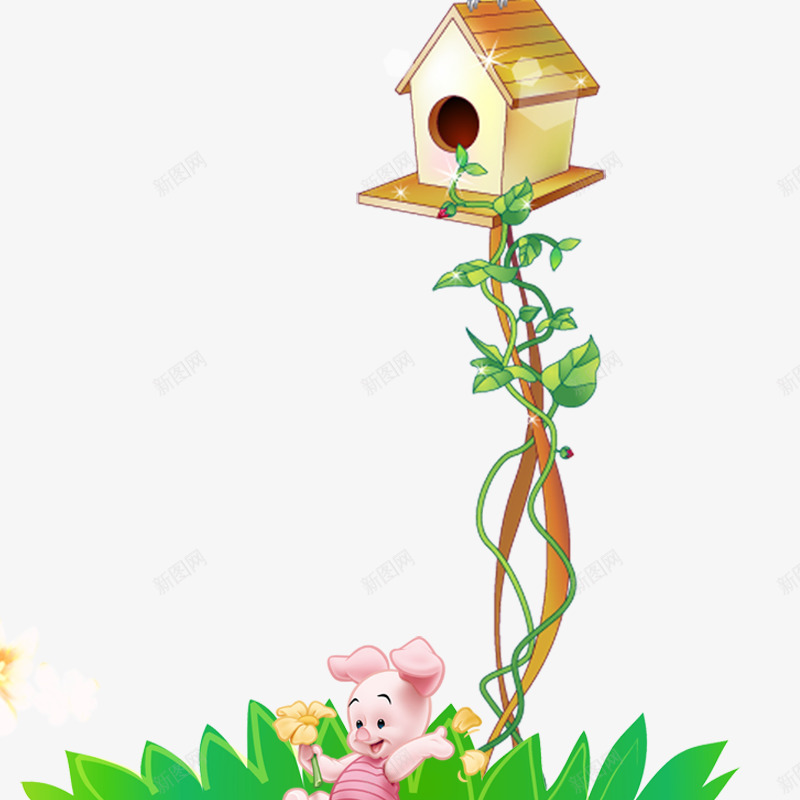 小木屋png免抠素材_新图网 https://ixintu.com 儿童节 儿童节素材 卡通 卡通素材 小猪 小草 木屋