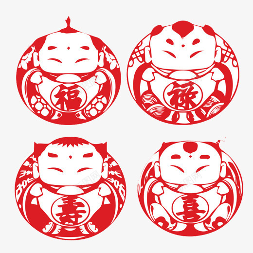 福禄寿喜娃娃剪纸片psd免抠素材_新图网 https://ixintu.com 喜气洋洋 娃娃剪纸 春节装饰 福禄喜 福禄寿喜 窗户剪纸 繁体喜字 红色剪纸