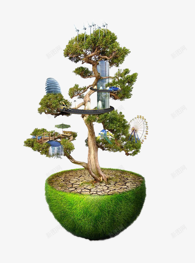 创意树上的城市png免抠素材_新图网 https://ixintu.com 半球 城市 大树 环保 绿色