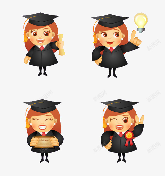 女学生毕业四连拍psd免抠素材_新图网 https://ixintu.com 卡通 女学生 毕业