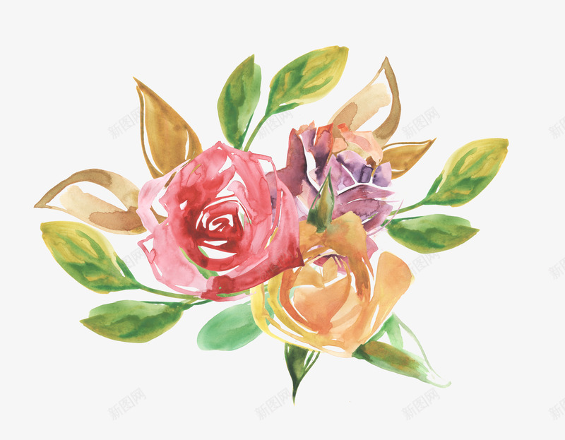 高级美丽的水彩花卉png免抠素材_新图网 https://ixintu.com 唯美 橙色花朵 水彩 粉色玫瑰 紫色 花卉 花朵 黄绿叶