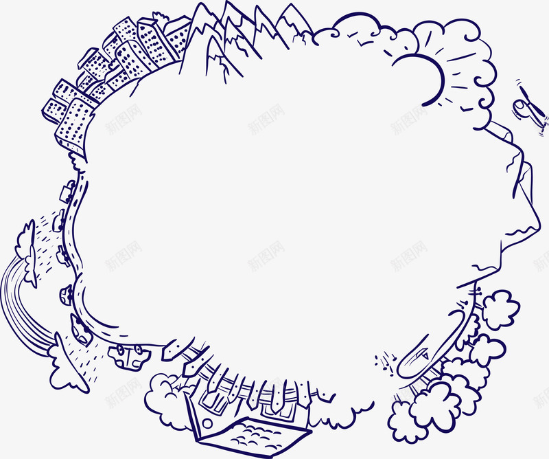边框png免抠素材_新图网 https://ixintu.com 手绘花边 植物纹样 线描建筑 线条边框 线稿边框