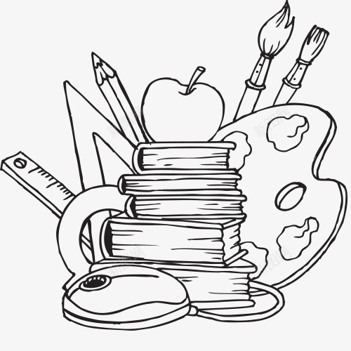 学习课桌学习课本书png免抠素材_新图网 https://ixintu.com 书包 学习 学习素材 笔 线条画效果 课本 课桌
