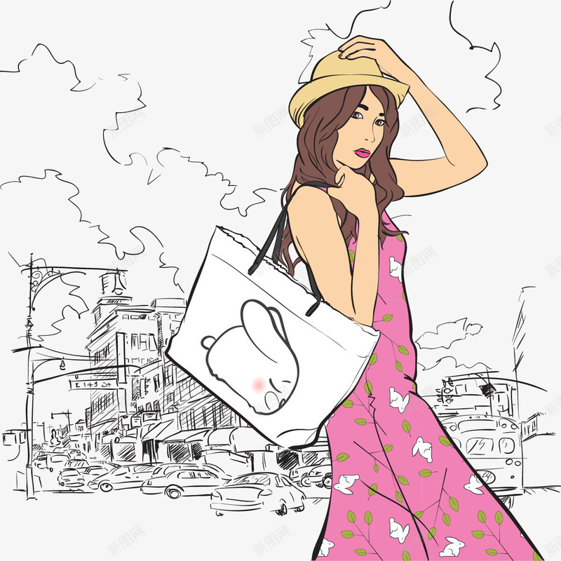 戴帽子的时尚女生人物插画png免抠素材_新图网 https://ixintu.com 人物矢量插画 帽子 时尚女生 汽车 粉色连衣裙美女