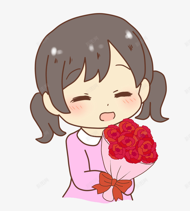粉衣卡通送花女孩png免抠素材_新图网 https://ixintu.com 妈妈 微笑女生 母亲节 母亲节快乐 母爱 花束 送妈妈 送花女孩