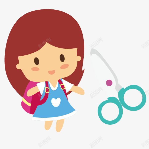 手绘卡通可爱小学生png免抠素材_新图网 https://ixintu.com 卡通儿童 卡通女孩 卡通手绘背书包的小女孩与剪刀 手绘剪刀 手绘小女孩 背书包的小女孩