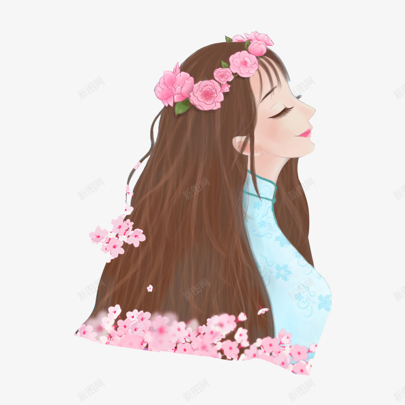 花环丫头唯美手绘png免抠素材_新图网 https://ixintu.com 上半身 丫头 享受 人物侧脸 侧脸 侧面半身 典雅 半身人 半身照 唯美 粉色花朵 粉色花环 长发