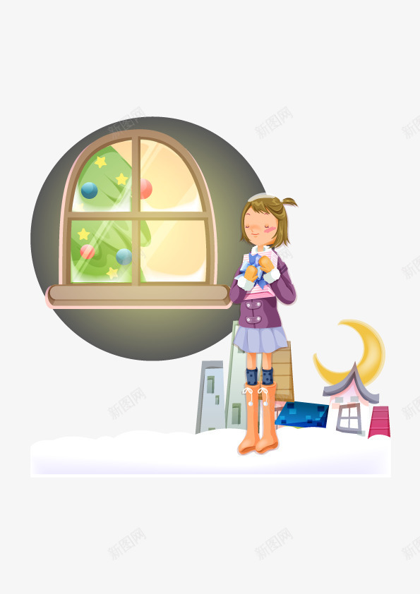 元素在雪中的女孩等待她的礼png免抠素材_新图网 https://ixintu.com 圣诞节 女孩 月亮 矢量元素 窗户