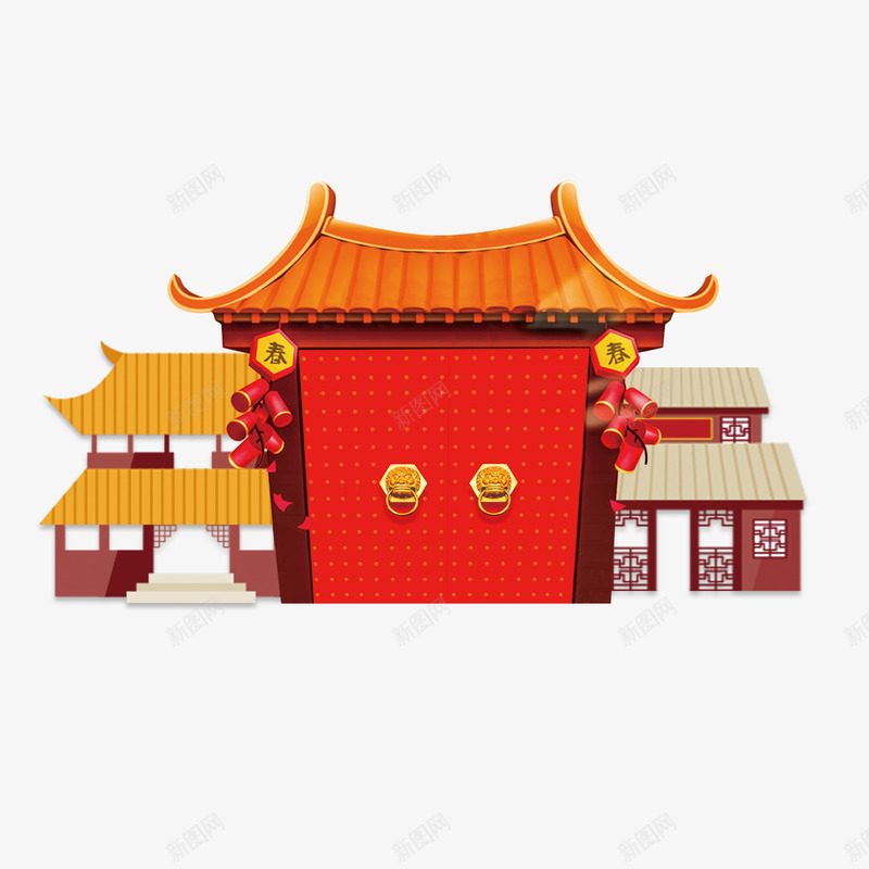 红色喜迎春节中国古典建筑扁平插png免抠素材_新图网 https://ixintu.com 中国风 古典建筑 扁平 插画 春节 红色 红色喜迎春节中国古典建筑扁平插画免费下载 红色大门 迎新春