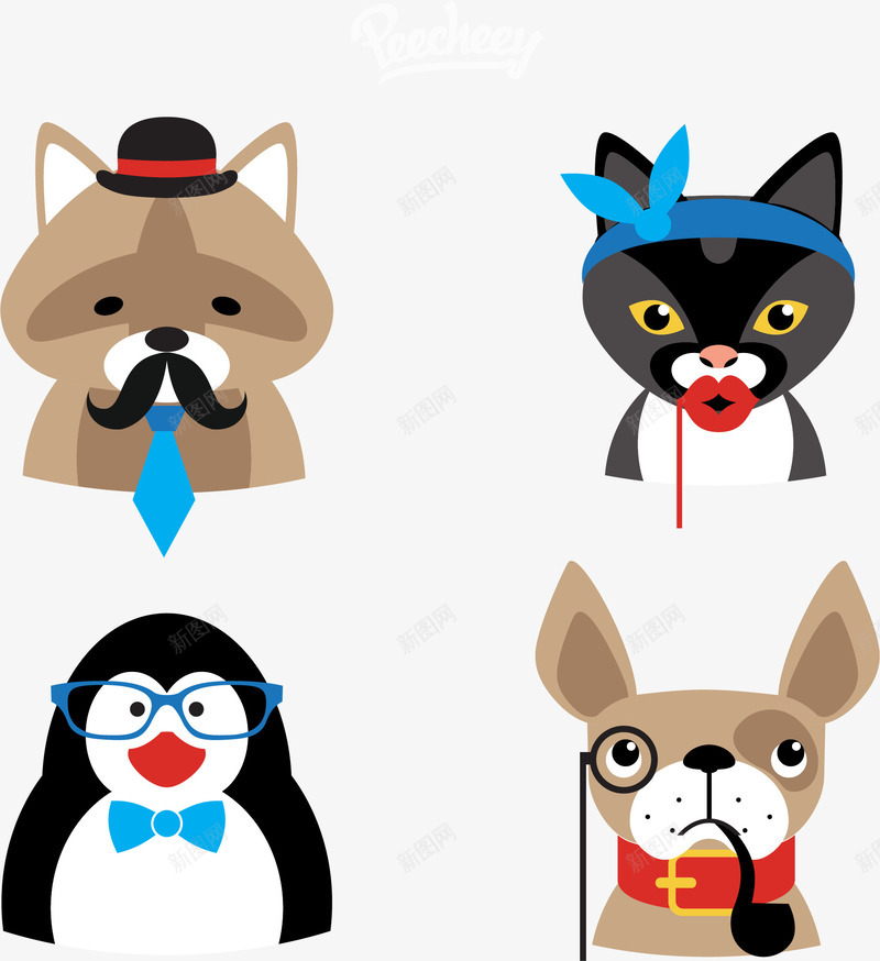 可爱动物矢量图ai免抠素材_新图网 https://ixintu.com 企鹅 拟人化动物 猫狗 矢量图
