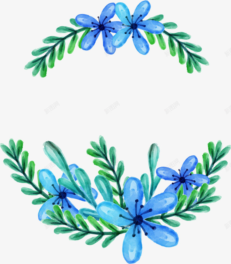 手绘绿色植物花卉花边png免抠素材_新图网 https://ixintu.com 印花图案 手绘花卉 植物花卉 花卉 花卉装饰 花框 花环 花边 蓝色小花 装饰图案 贴纸图案
