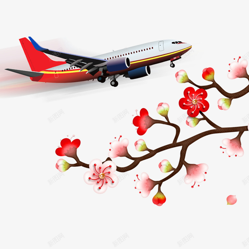 春节飞机春运海报装饰png免抠素材_新图网 https://ixintu.com 交通工具 回家 春运 梅花装饰 海报装饰 航班 飞机