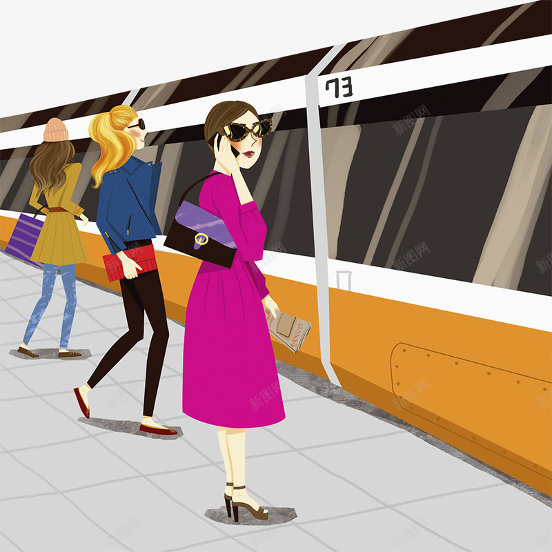 时尚插图火车站站台png免抠素材_新图网 https://ixintu.com 列车 女士 摩登女士 时尚插图 火车站站台 车站月台