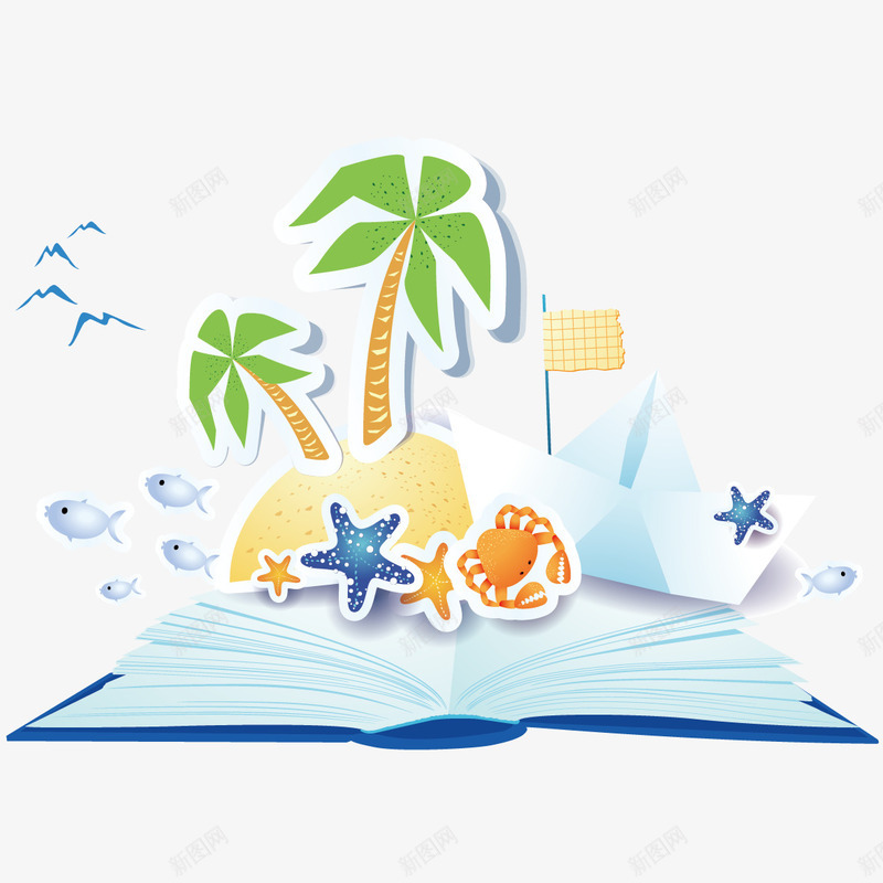 书上的海滩世界矢量图ai免抠素材_新图网 https://ixintu.com 书 海滩 船 矢量图