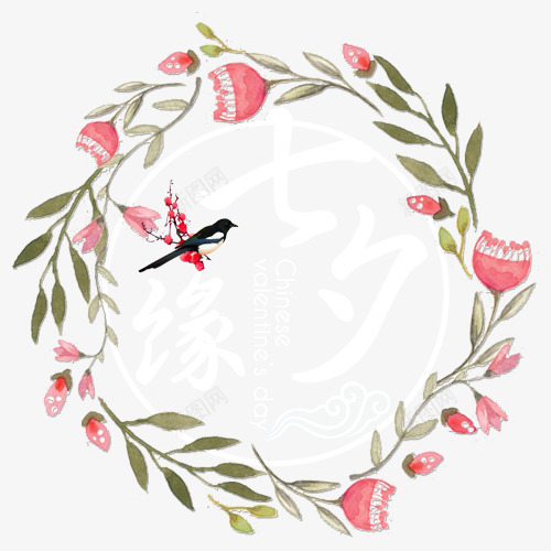喜鹊与七夕png免抠素材_新图网 https://ixintu.com 七夕节 中国风 卡通喜鹊 爱情 粉色花朵 花环圆圈