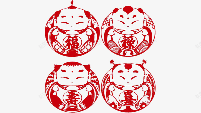福娃剪纸png免抠素材_新图网 https://ixintu.com 春节 福娃 福娃剪纸 福禄喜 福禄寿喜剪纸 红色