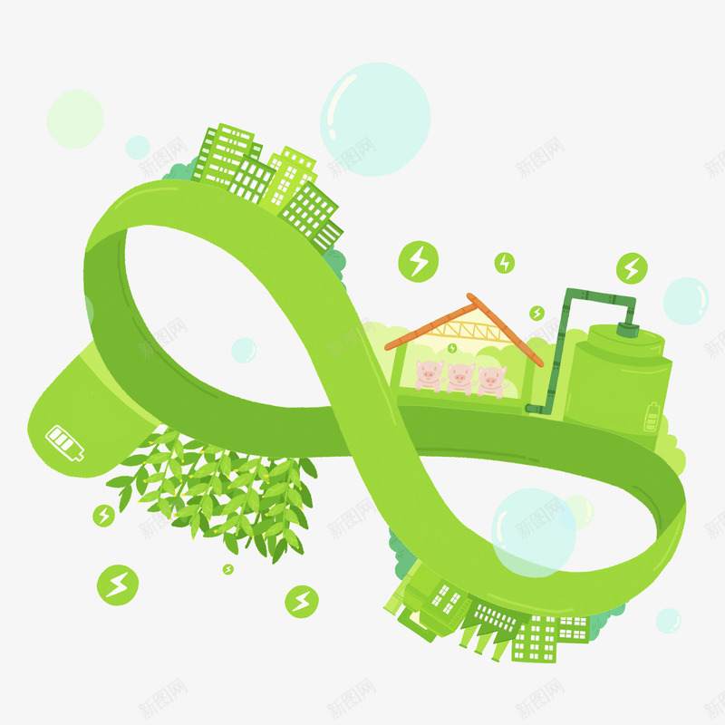 卡通绿色发电图png免抠素材_新图网 https://ixintu.com 创意的 卡通 发电 新能源 树叶 环保 电源 绿色的