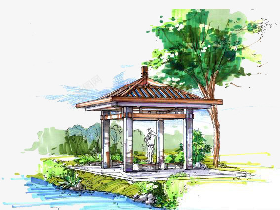 凉亭手绘png免抠素材_新图网 https://ixintu.com 亭子 凉亭 大树 手绘 绿色
