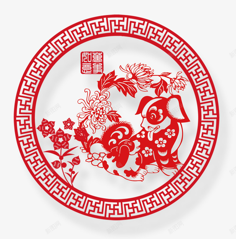春节红色小狗剪纸psd图png免抠素材_新图网 https://ixintu.com 万事如意 新春 狗年 狗年春节 红色中国传统边框 红色小狗剪纸 花卉