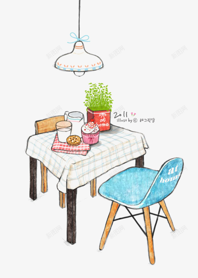 手绘桌椅png免抠素材_新图网 https://ixintu.com 吊灯 家具 手绘元素 桌子 椅子 食物