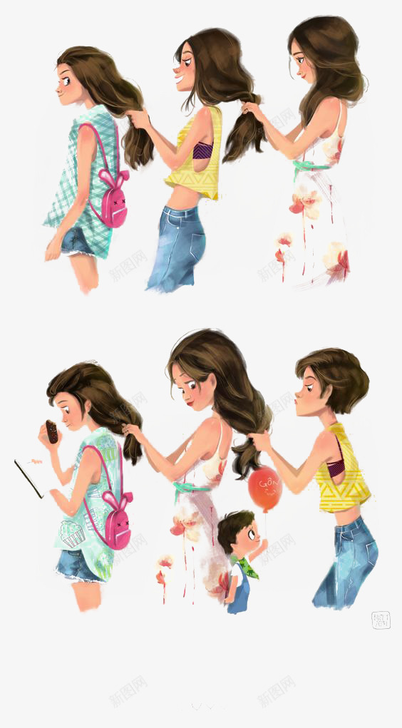卡通女孩们png免抠素材_新图网 https://ixintu.com 创意 女生 时装 梳头 水彩 穿搭 长发