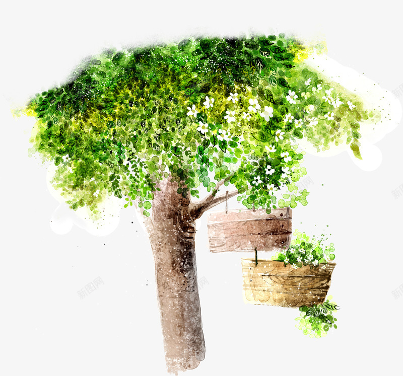 手绘白色大树植物花朵png免抠素材_新图网 https://ixintu.com 大树 植物 白色 花朵