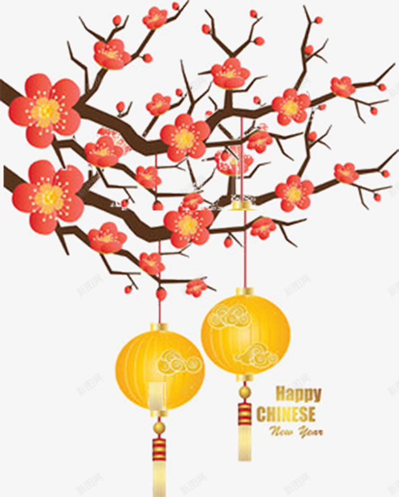 春节快乐png免抠素材_新图网 https://ixintu.com 大红灯笼高高挂 春节快乐 春节节日 红色花朵 腊梅梅花 金色灯笼