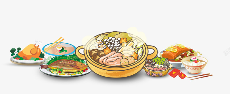 手绘新年美食psd免抠素材_新图网 https://ixintu.com 2018 手绘 新年 新春 春节 狗年 美食 过年 食物