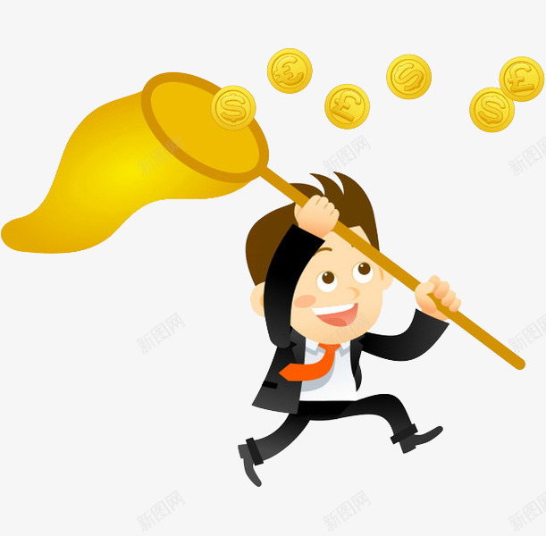 手绘捕金币的男人图png免抠素材_新图网 https://ixintu.com 卡通 商务 帅气 理财 男人 网兜 金融 金钱