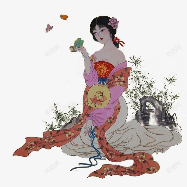 红衣黄扇少女踏春png免抠素材_新图网 https://ixintu.com 古典 古风 少女 工笔画 水墨画 红丝带 美女