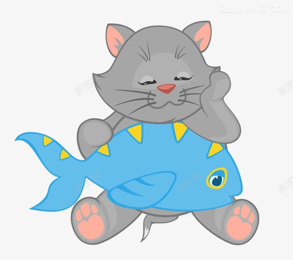 卡通小猫吃鱼png免抠素材_新图网 https://ixintu.com 卡通 吃鱼素材 小猫