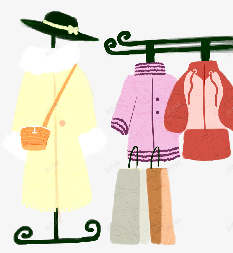 手绘衣帽间插画png免抠素材_新图网 https://ixintu.com 冬装 大衣 手绘 手绘插画 服饰 衣帽间 衣服 饰品