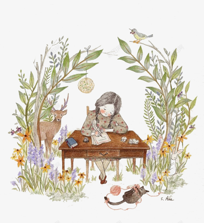 认真做作业的小女孩png免抠素材_新图网 https://ixintu.com 女孩 小猫 小鹿 草丛
