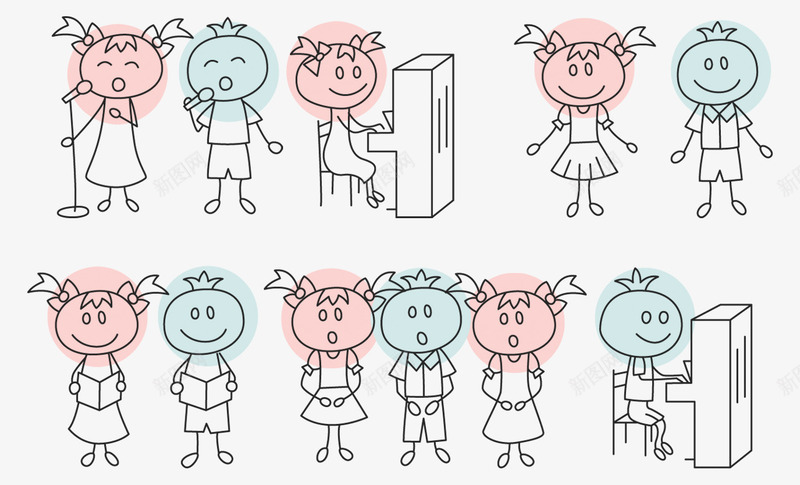 卡通手绘儿童合唱团png免抠素材_新图网 https://ixintu.com 儿童 免费png 合唱 女生 歌唱团 男生 话筒 钢琴