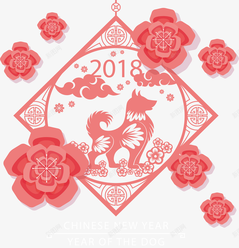 2018粉色可爱狗年窗花门联png免抠素材_新图网 https://ixintu.com 2018 中国风 卡通狗 狗年 狗年快乐 狗形象 祥云 窗花 粉色 花朵 门联
