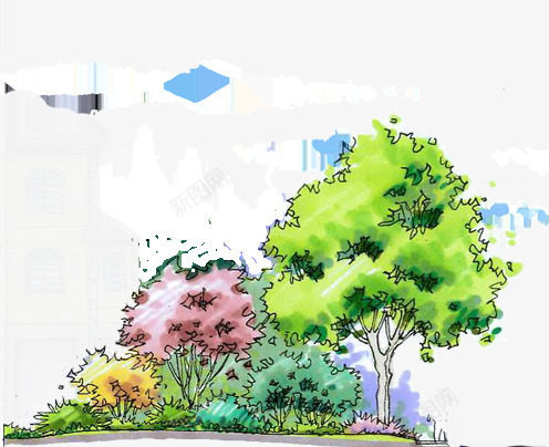 手绘城市大树花朵png免抠素材_新图网 https://ixintu.com 城市 大树 花朵